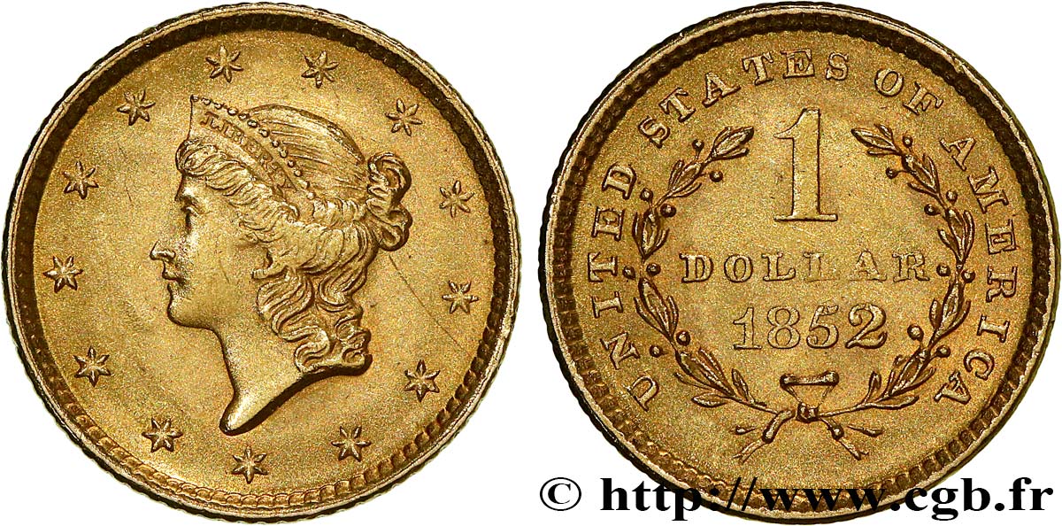 UNITED STATES OF AMERICA 1 Dollar Or  Liberty head  1er type 1852 Philadelphie AU 