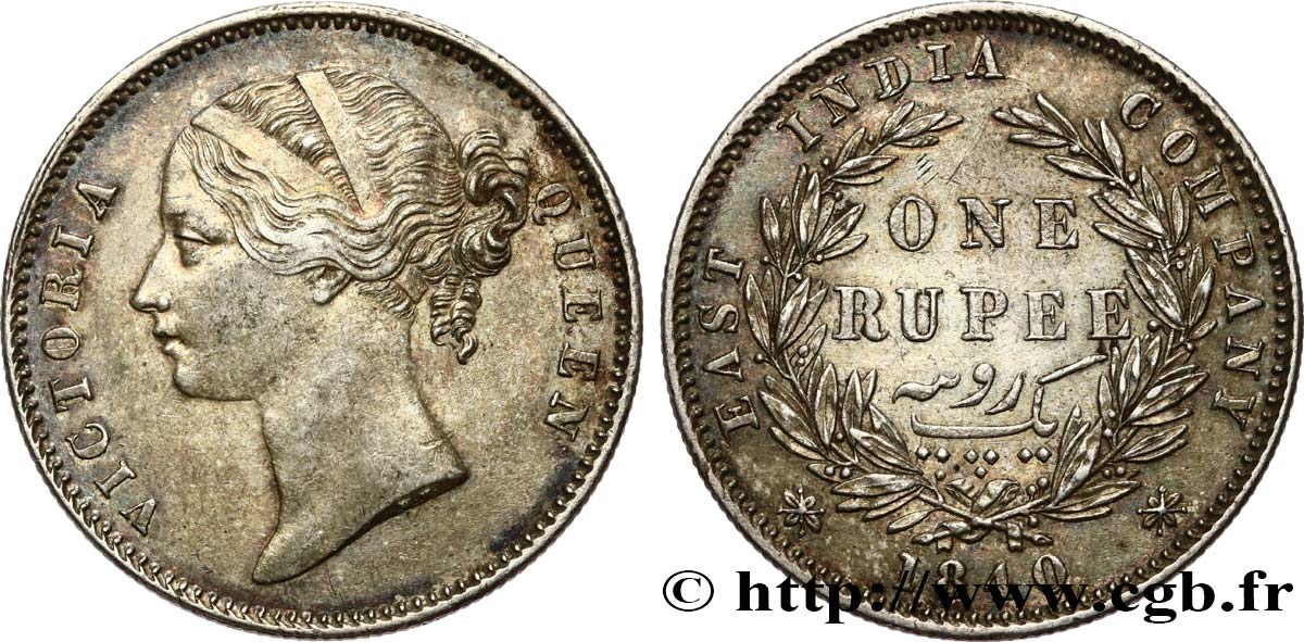 INDES BRITANNIQUES 1 Rupee (Roupie) East India Company Victoria 1840 Bombay ou Calcutta TTB 