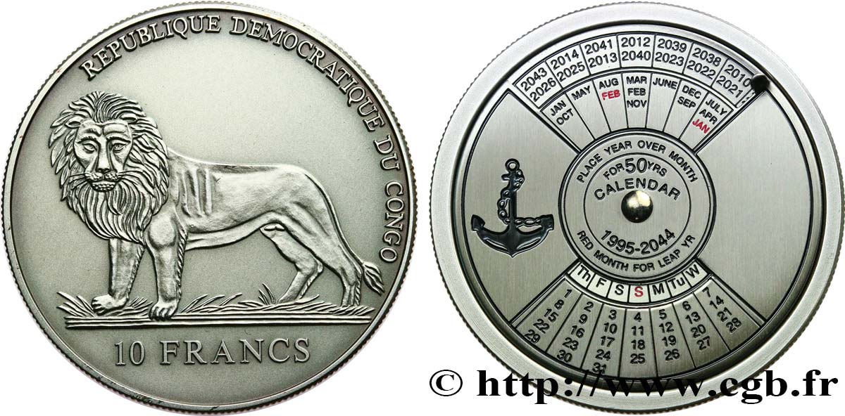 CONGO, DEMOCRATIQUE REPUBLIC 10 Francs Calendrier Rotatif 1995-2044 (2004)  MS 