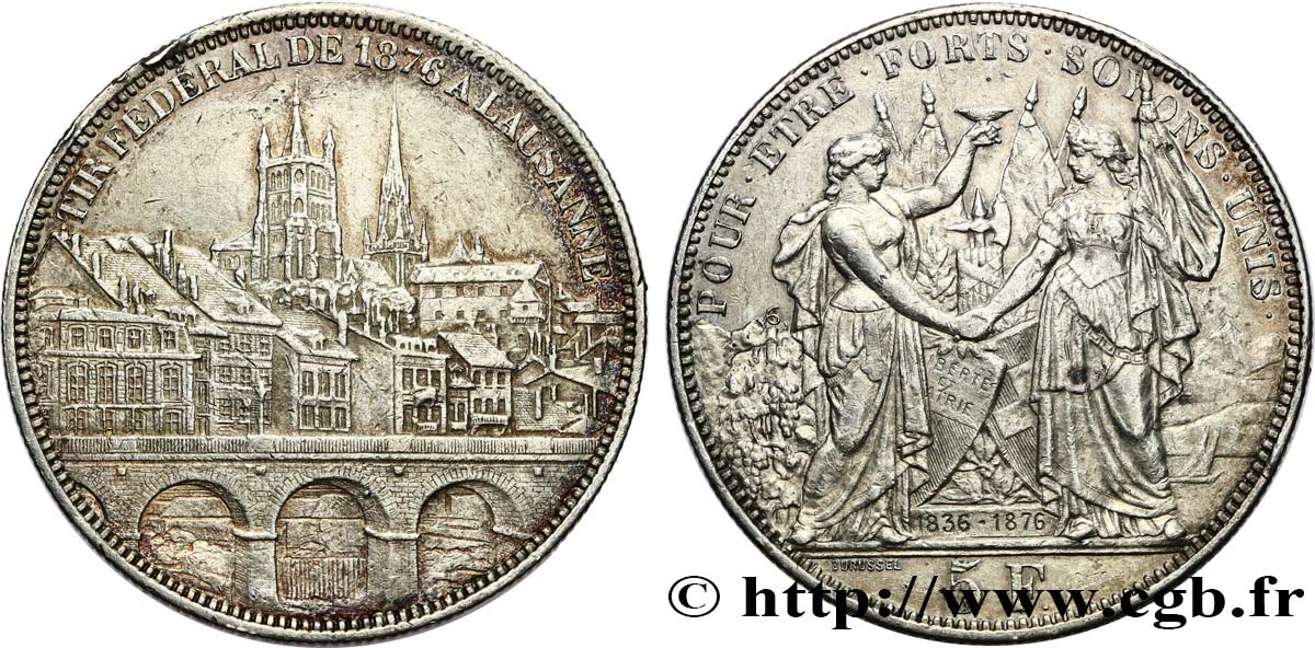 SUISSE 5 Francs, monnaie de Tir, Lausanne 1876  TTB 