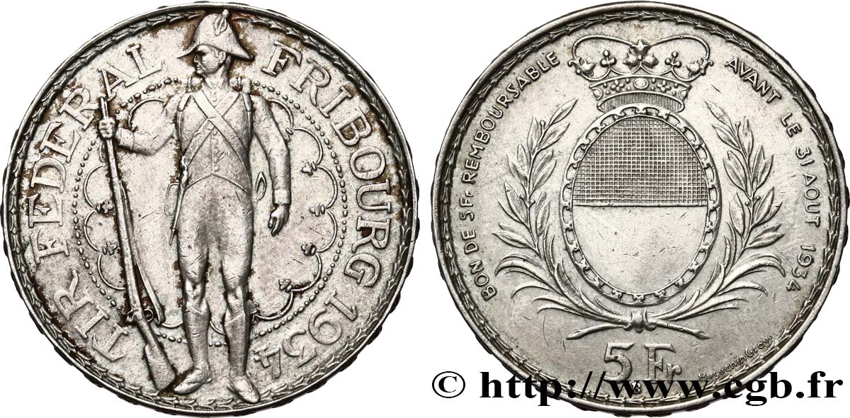 SWITZERLAND 5 Francs, monnaie de Tir, Fribourg 1934 Le Locle XF 