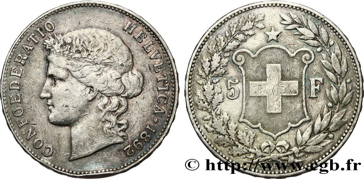 SUIZA 5 Francs Helvetia 1892 Berne BC+ 