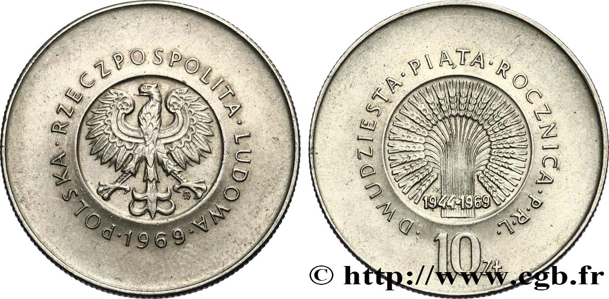 POLOGNE 10 Zlotych 25e anniversaire de la République Populaire 1969 Varsovie SUP 
