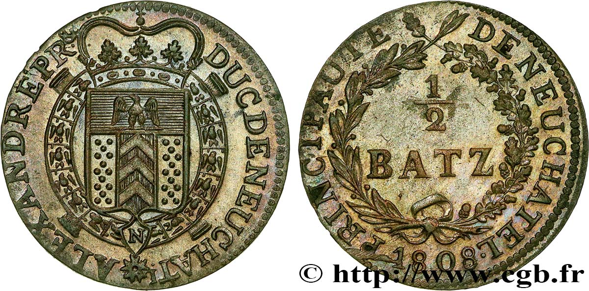 SUIZA - CANTÓN DE NEUCHATEL 1/2 Batzen - Principauté de Neuchatel 1808  EBC 