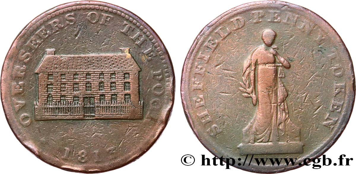 BRITISH TOKENS OR JETTONS 1 Penny Sheffield (Yorkshire) 1813  F 