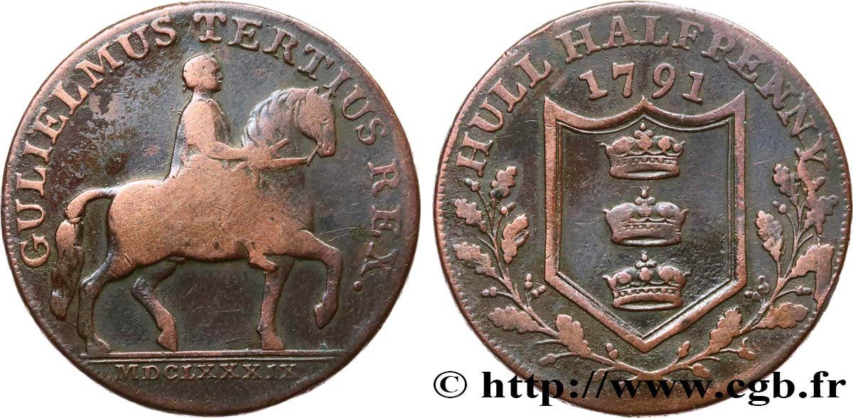 VEREINIGTEN KÖNIGREICH (TOKENS) 1/2 Penny Hull - Guillaume III à cheval  1791  SS 