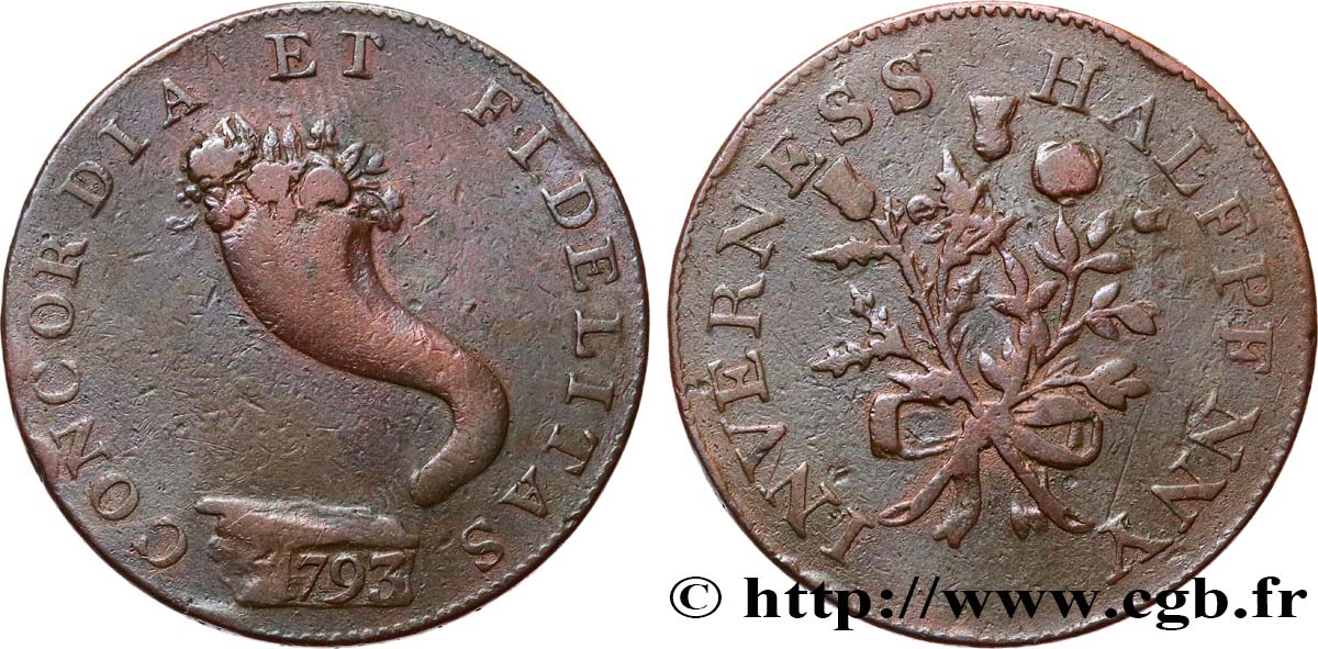 BRITISH TOKENS OR JETTONS 1/2 Penny Invernesshire (Ecosse)  1793  XF 