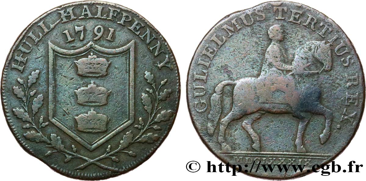 BRITISH TOKENS 1/2 Penny Hull - Guillaume III à cheval  1791  VF 