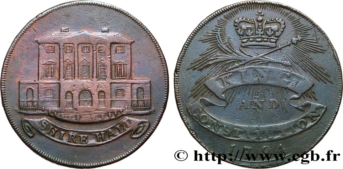 BRITISH TOKENS OR JETTONS 1/2 Penny “Shire Hall” Essex 1794  XF 