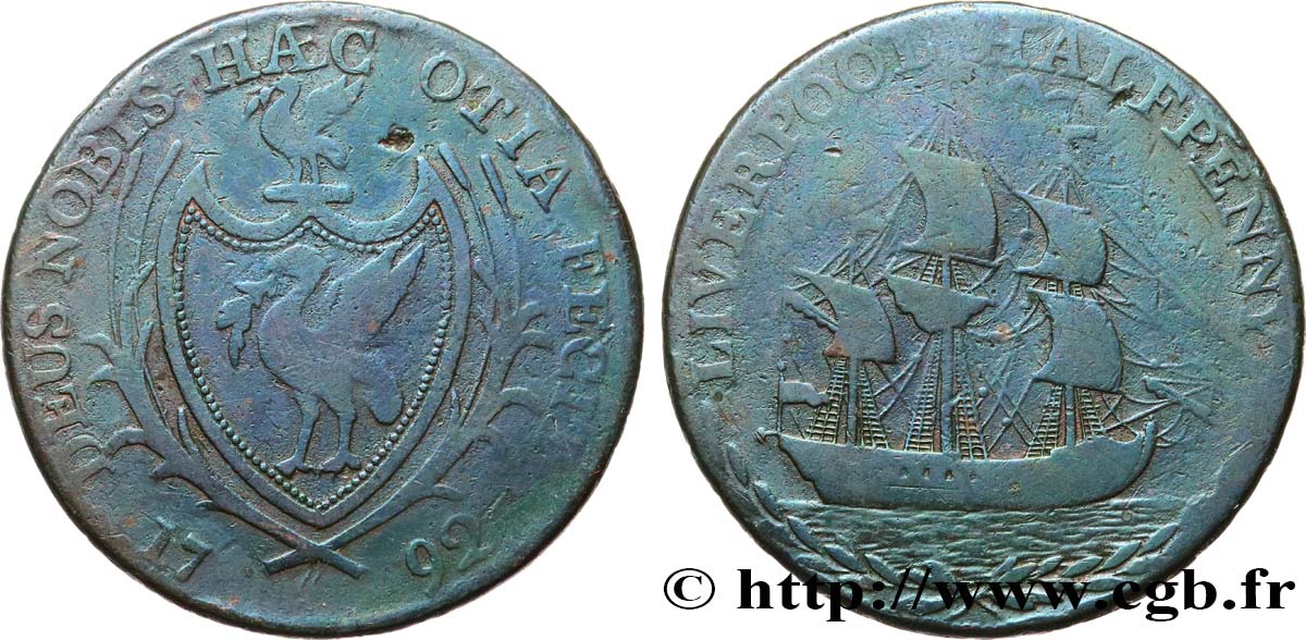 BRITISH TOKENS OR JETTONS 1/2 Penny Liverpool (Lancashire) 1792  F 