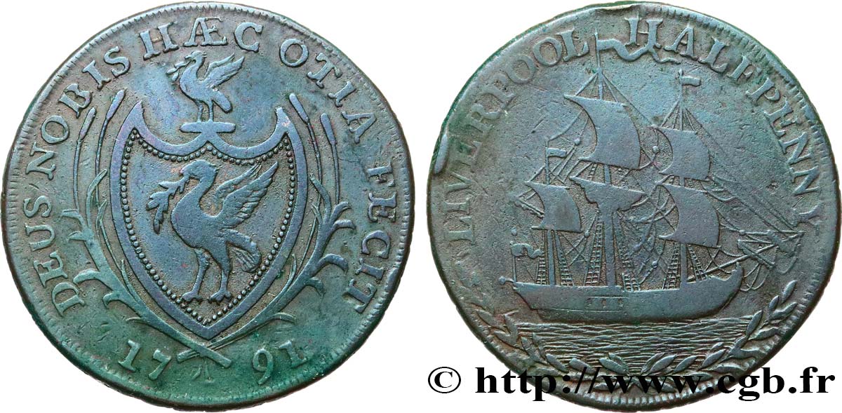 BRITISH TOKENS OR JETTONS 1/2 Penny Liverpool (Lancashire) 1792  VF 
