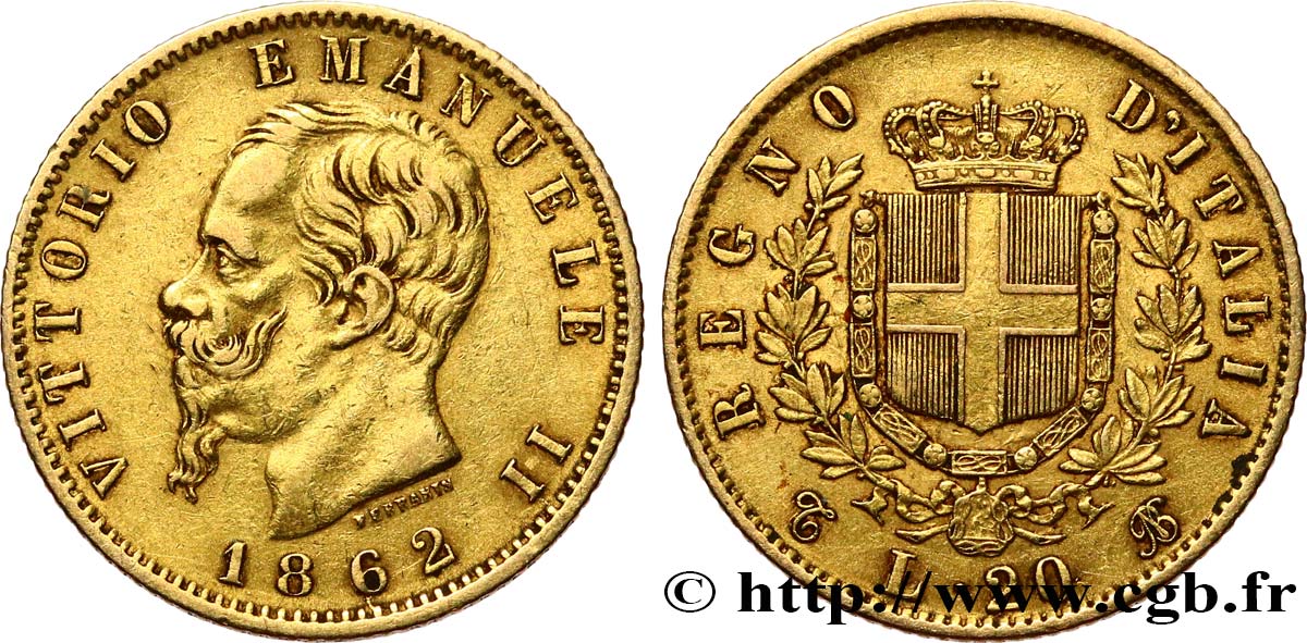 ITALY 20 Lire Victor Emmanuel II 1862 Turin XF 