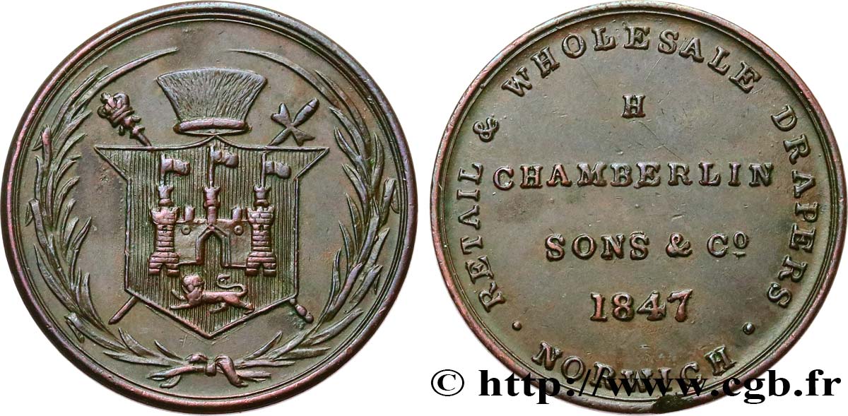 BRITISH TOKENS OR JETTONS Chamberlin 1847  XF 