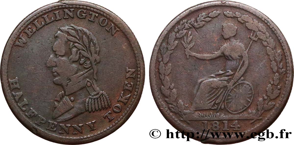 BRITISH TOKENS OR JETTONS 1/2 Penny Wellington 1814  VF 