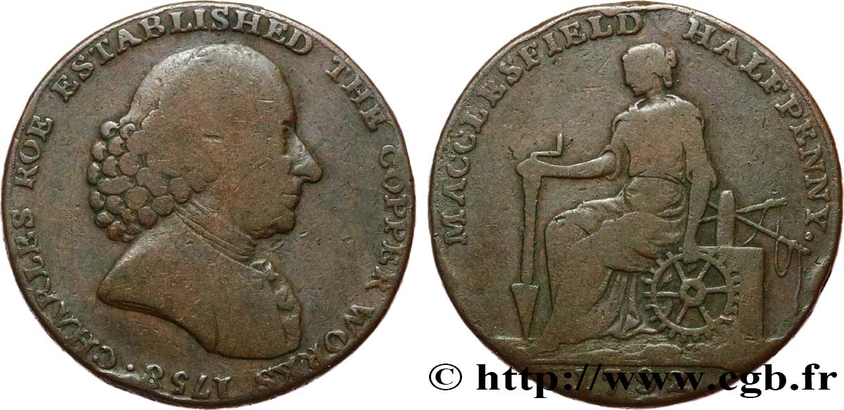 BRITISH TOKENS OR JETTONS 1/2 Penny Macclesfield (Cheshire) Charles Roe 1792  VF 