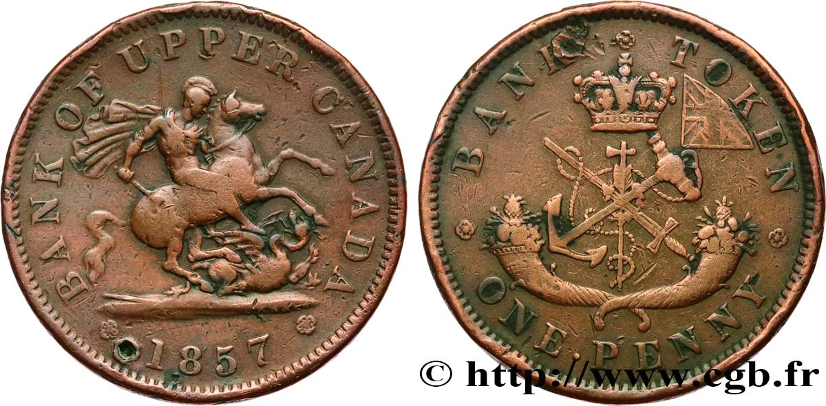 CANADA 1 Penny token Bank of Upper Canada 1857 Heaton VF 