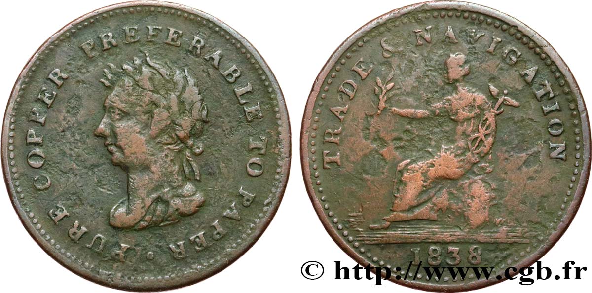 ROYAUME-UNI (TOKENS) 1 Penny - Trade Navigation (Canada) 1838  B+ 