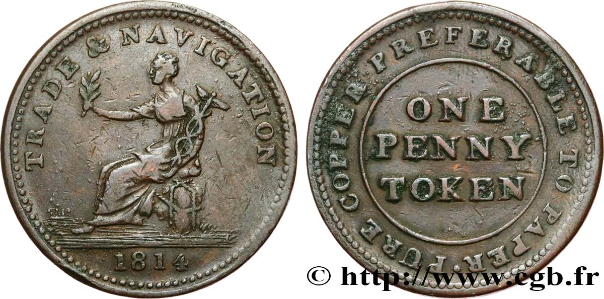 BRITISH TOKENS 1 Penny “TRADE & NAVIGATION” 1814  VF 