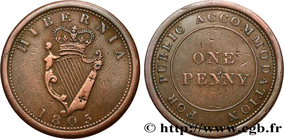 BRITISH TOKENS 1 Penny - Hibernia 1805  XF 