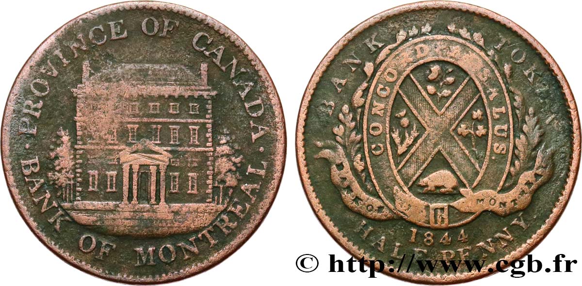 CANADA 1/2 Penny Province du Bas Canada Banque de Montréal 1844  XF/VF 