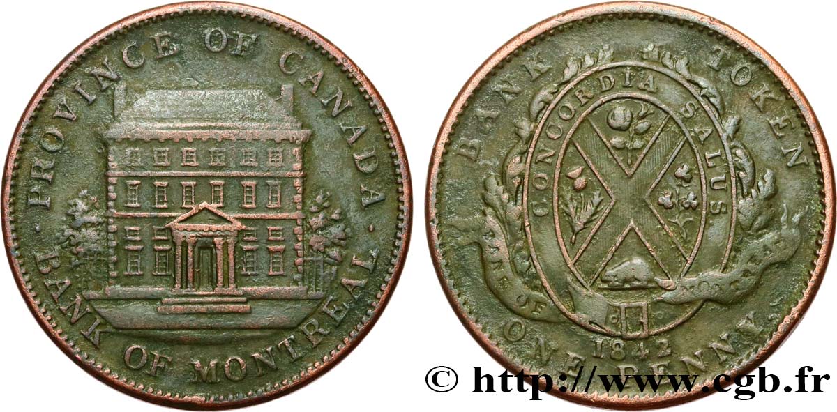 CANADá
 1 Penny Province du Bas Canada Banque de Montréal 1842  MBC 