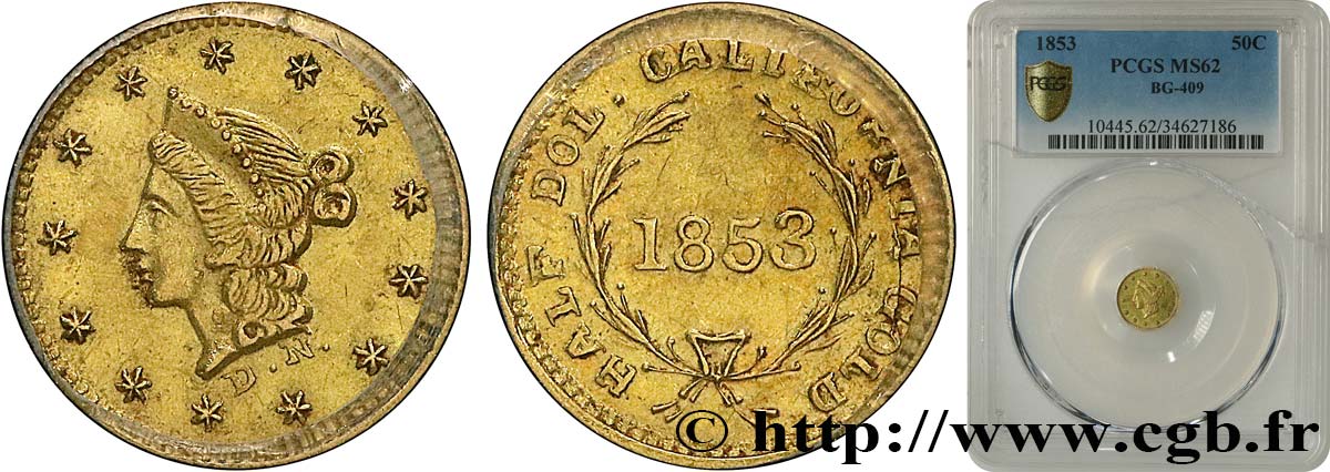 UNITED STATES OF AMERICA 1/2 Dollar Or  Liberty head  California 1853 Philadelphie MS62 