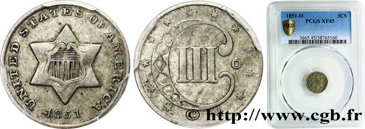STATI UNITI D AMERICA 3 Cents 1851 Nouvelle-Orléans - O BB45 PCGS