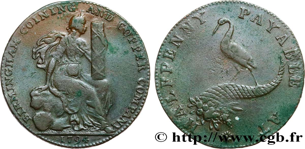 BRITISH TOKENS 1/2 Penny Birmingham (Warwickshire)  1794  XF 