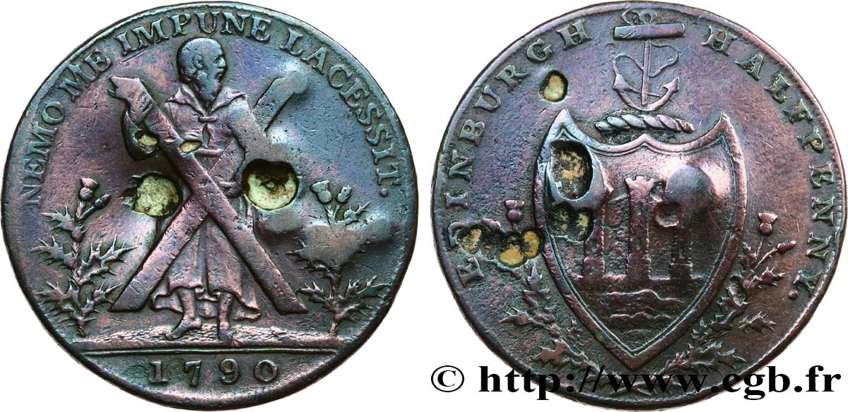ÉCOSSE 1/2 Penny token Contrefaçon d’Hutchison 1790 Edimbourg TB 