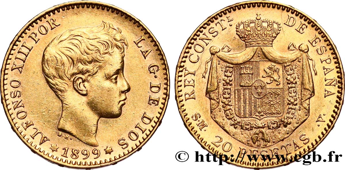 ESPAÑA 20 Pesetas Alphonse XIII 1899 Madrid MBC+/EBC 