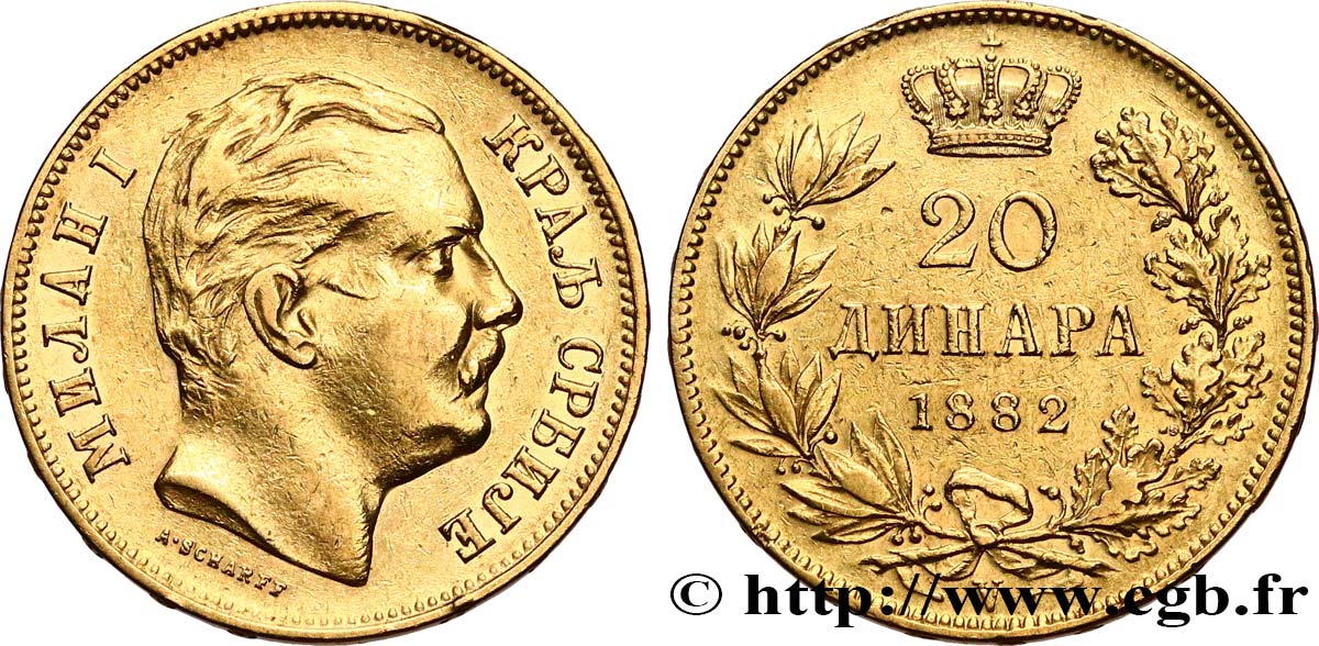 SERBIA 20 Dinara Milan IV Obrenovic 1882 Vienne MBC+ 