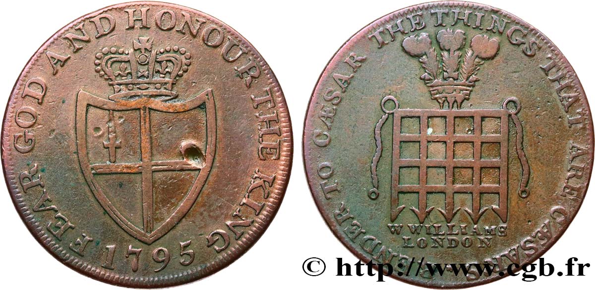 BRITISH TOKENS OR JETTONS 1/2 Penny - William’s (Middlesex) 1795  VF 