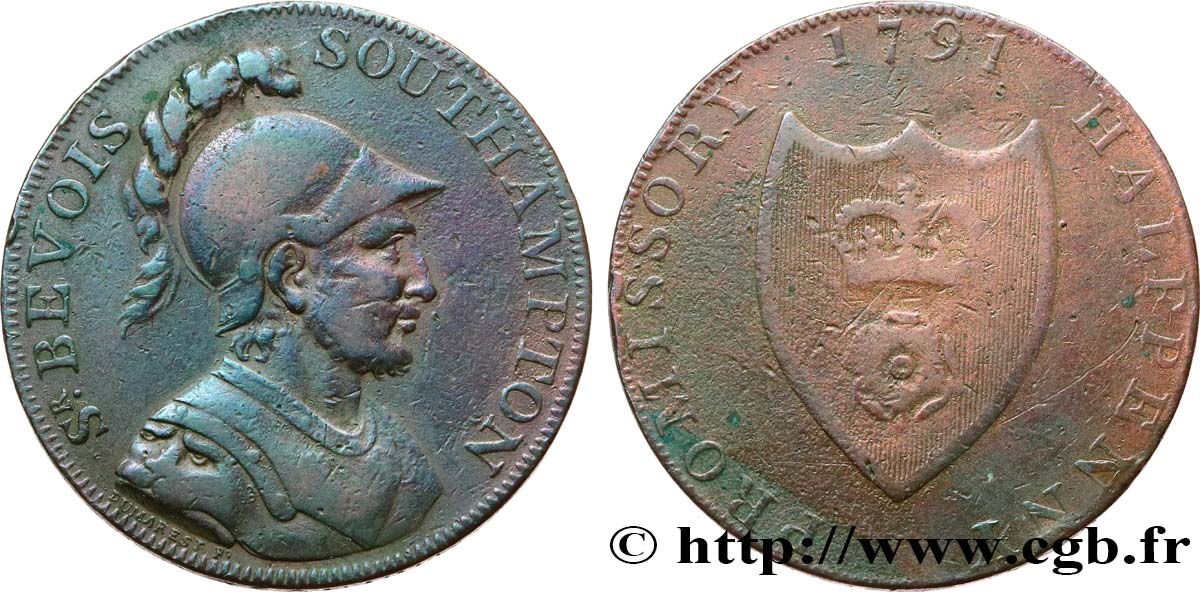BRITISH TOKENS OR JETTONS 1/2 Penny Southampton - Sir Bevois 1791 Southampton XF/VF 