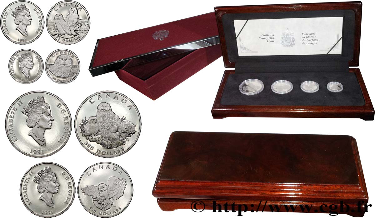 CANADá
 Coffret Proof Platine - 4 monnaies Harfang des Neiges (Snowy Owl) 1991  Prueba 