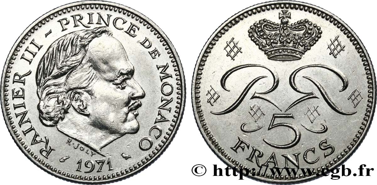 MONACO 5 Francs Rainier III 1971 Paris AU 