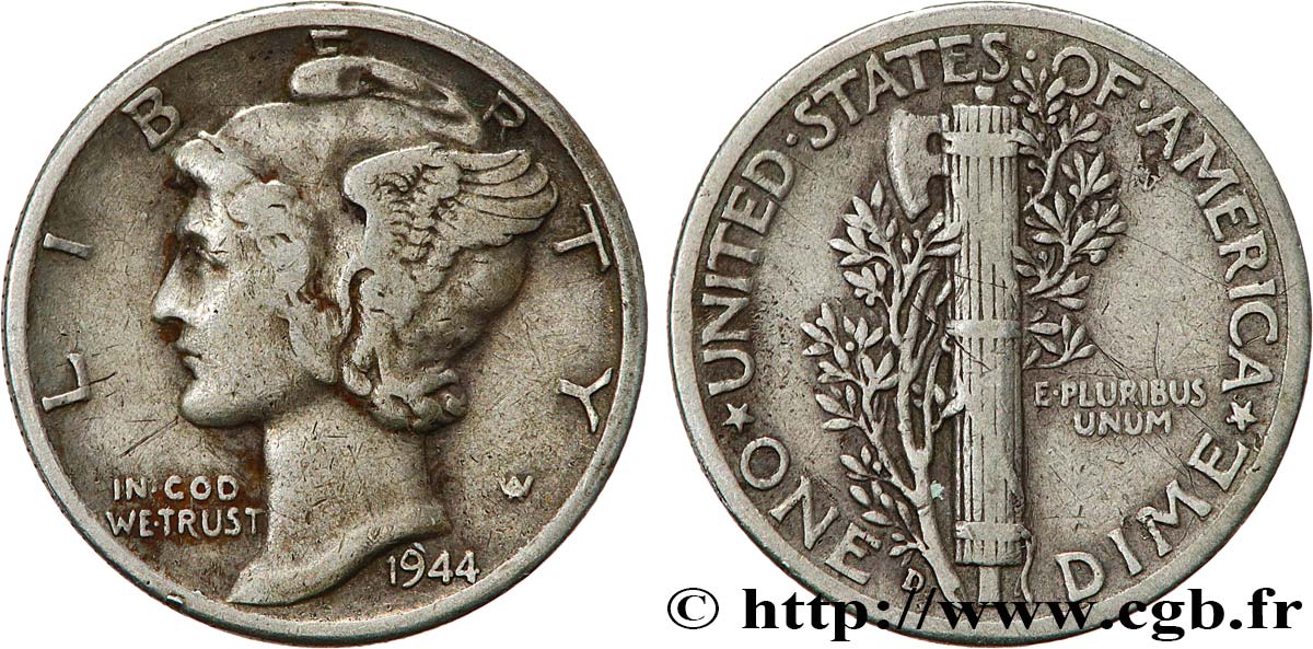 UNITED STATES OF AMERICA 1 Dime Mercury 1944 Denver XF/AU 