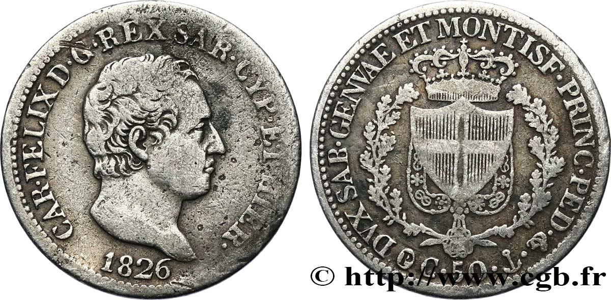 ITALY - KINGDOM OF SARDINIA - CHARLES-FELIX 50 Centesimi  1826 Gênes VF 
