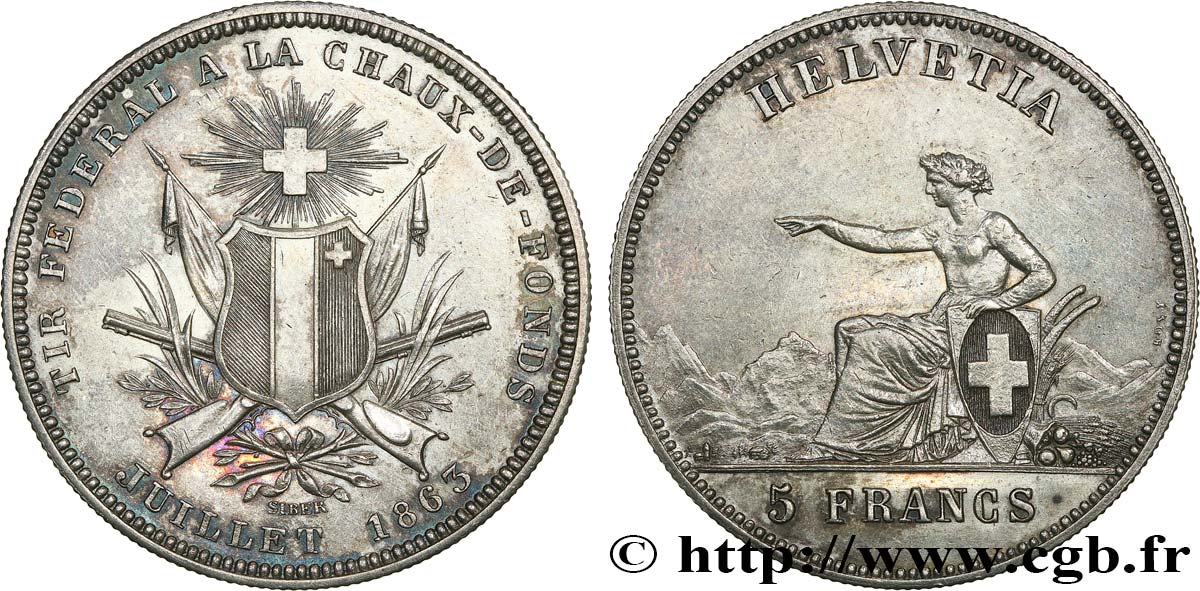 SCHWEIZ 5 Francs Tir fédéral de la Chaux-de-Fond 1863  fVZ 