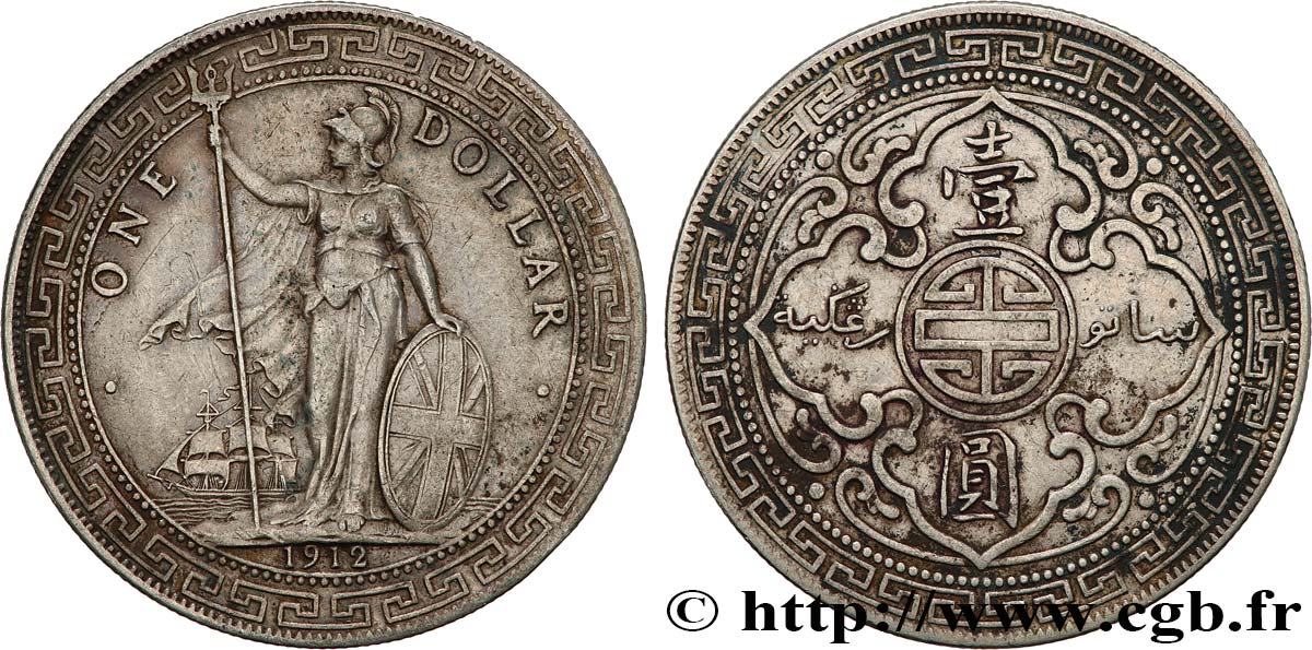 VEREINIGTEN KÖNIGREICH 1 Dollar Britannia debout avec voilier 1912 Bombay SS 