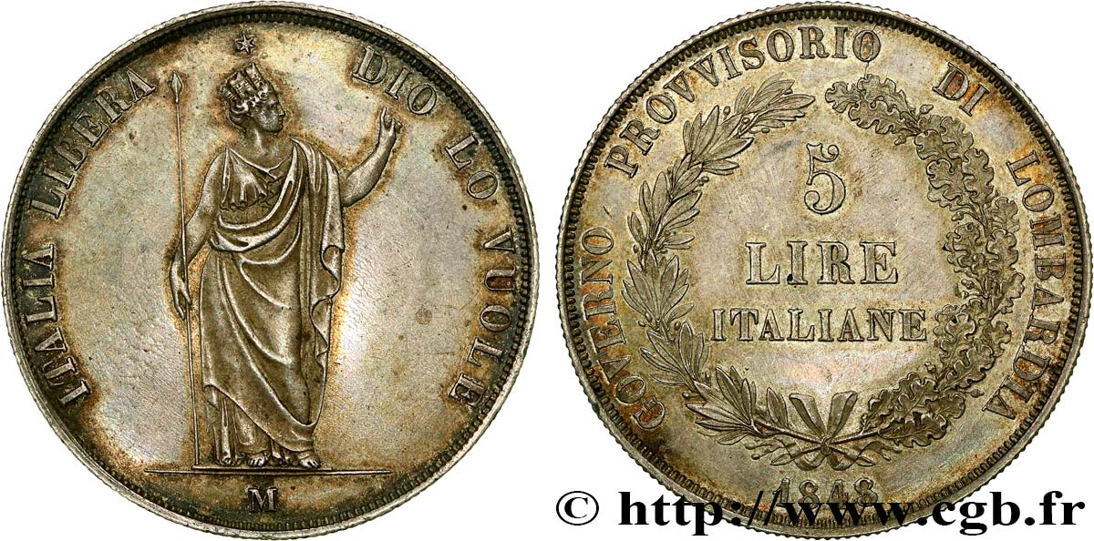ITALIA - LOMBARDIA 5 Lire Gouvernement provisoire de Lombardie 1848 Milan SPL 