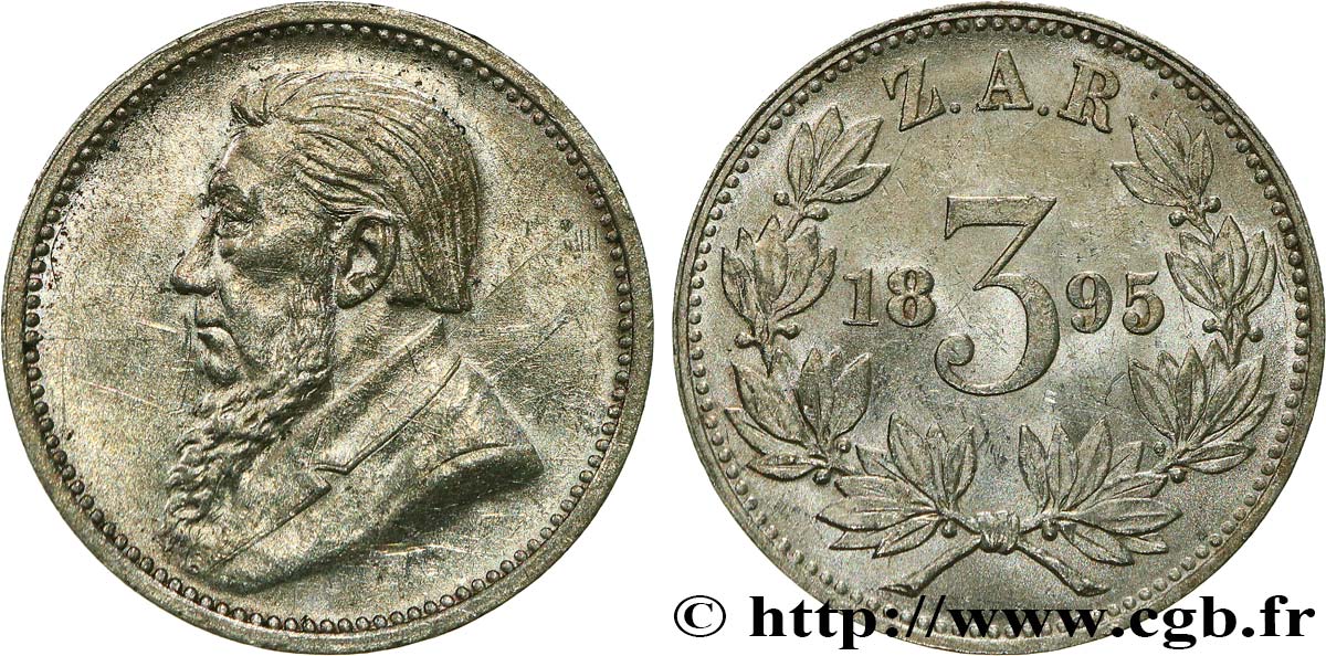 SüDAFRIKA 3 Pence Kruger 1895  fVZ/VZ 