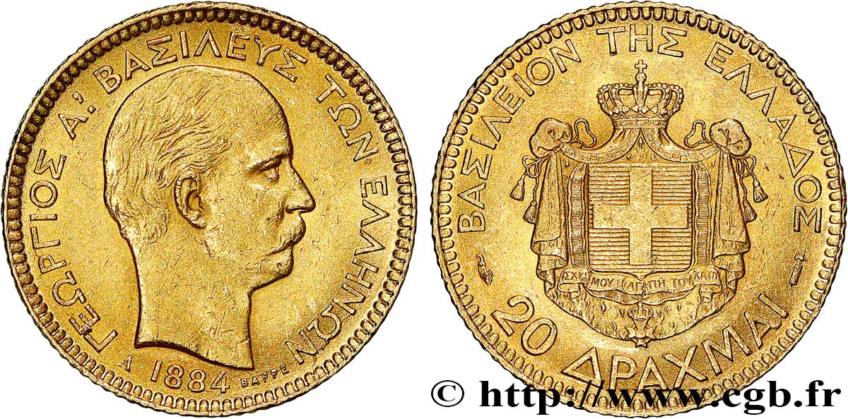 INVESTMENT GOLD 20 Drachmes 1884 Paris AU 