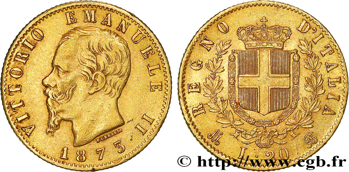 INVESTMENT GOLD 20 Lire Victor Emmanuel II 1873 Milan BB 