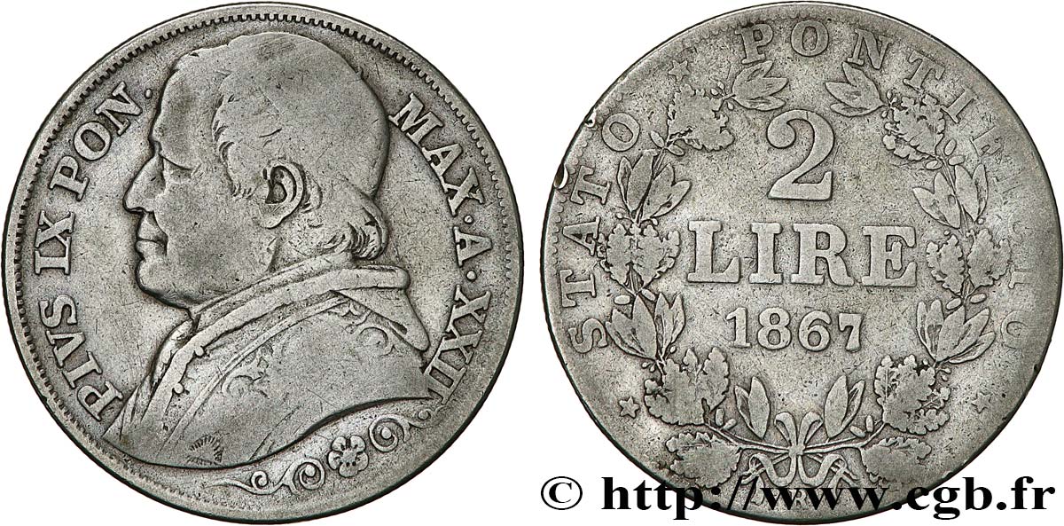 VATICAN ET ÉTATS PONTIFICAUX 2 Lire Pie IX an XXII 1867 Rome TB 