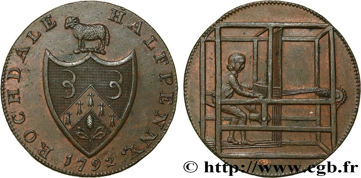BRITISH TOKENS OR JETTONS 1/2 Penny Rochdale (Lancashire)  1792  AU 