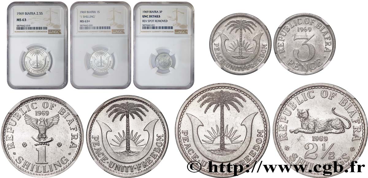 BIAFRA Lot 3 pence, 1 shilling et 2 1/2 Shilling 1969  SC NGC