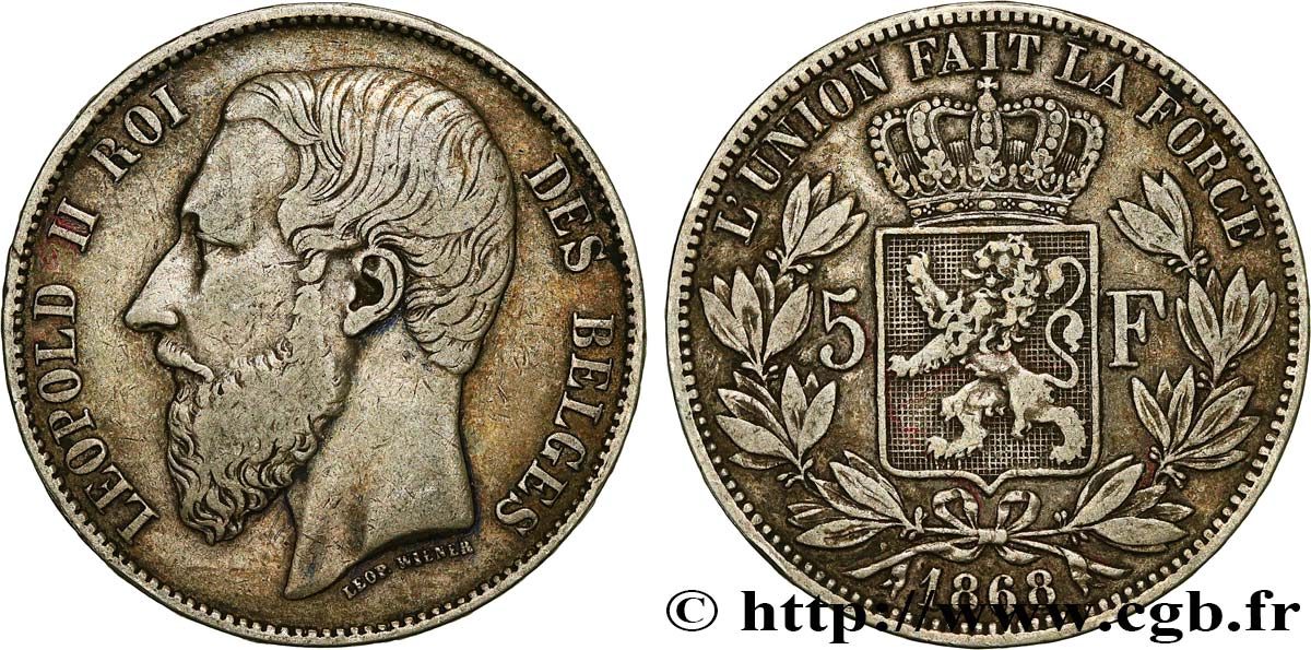 BELGIUM - KINGDOM OF BELGIUM - LEOPOLD II 5 Francs, signature le long du cou 1868  XF 