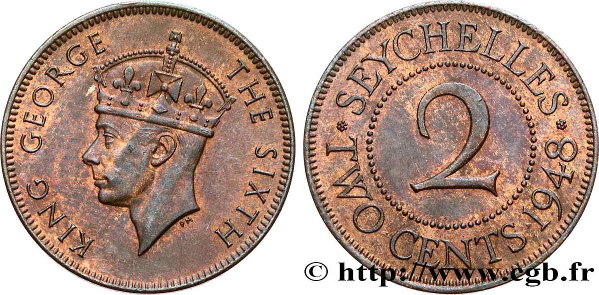 SEYCHELLES 2 Cents Georges VI 1948  EBC 