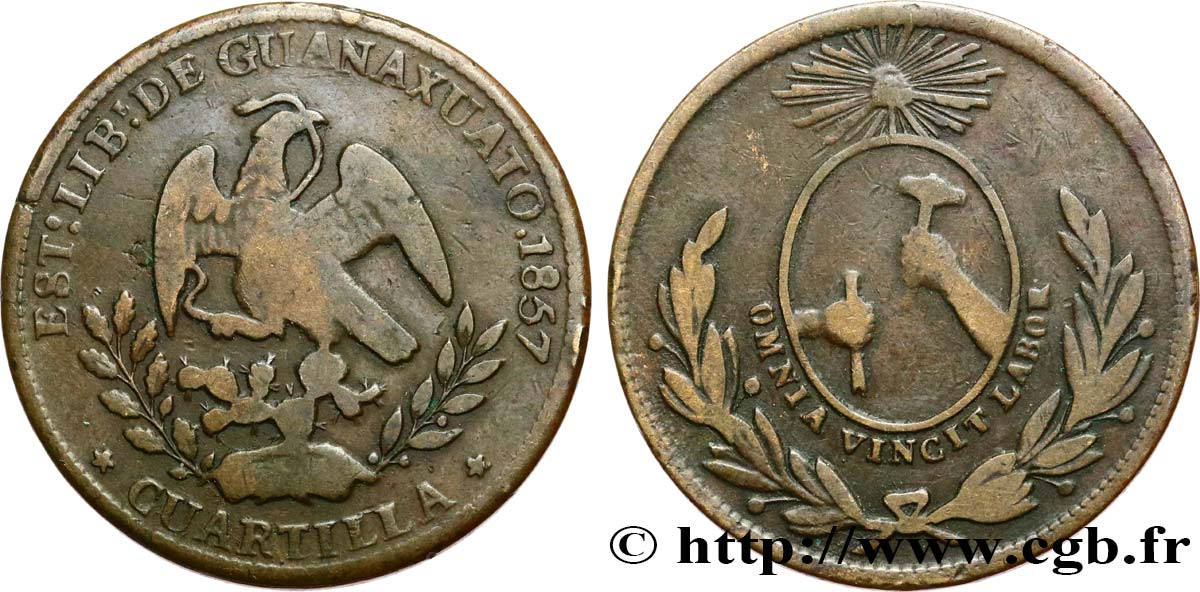 MEXICO 1/4 Real (Quartilla) Estado Libre y Soberano de Guanajuato 1857  VF 