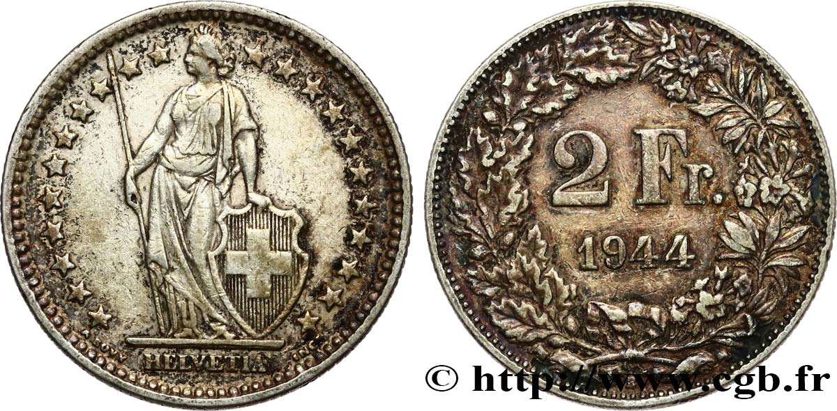 SWITZERLAND 2 Francs Helvetia 1944 Berne XF 